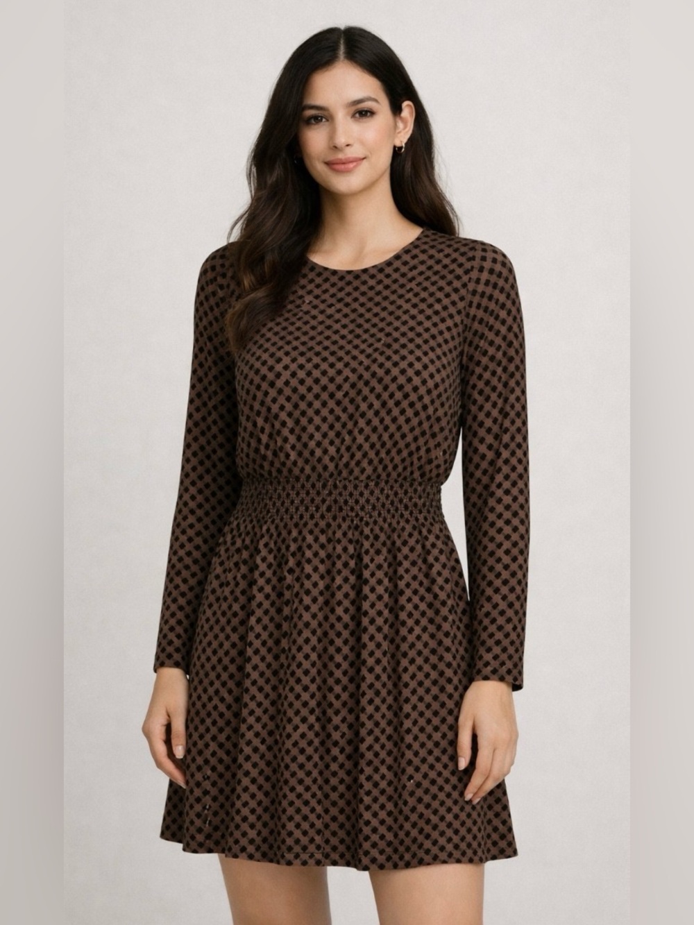 H&M Brown And Black Geometric Print Long Sleeve Dress Size 2